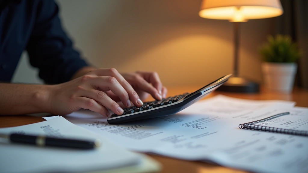 Calculatrice professionnelle, factures d'électricité et reçus éparpillés sur un bureau, calcul des déductions