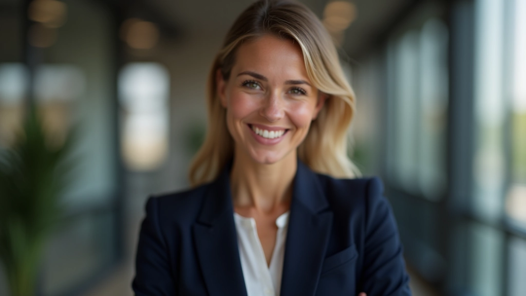 Consultant financier spécialisé en télétravail, portrait professionnel d'une femme en costume, bureau moderne