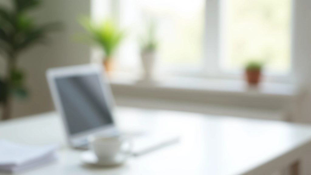 Bureau à domicile avec ordinateur portable, documents et tasse de café sur une table blanche, espace de travail professionnel