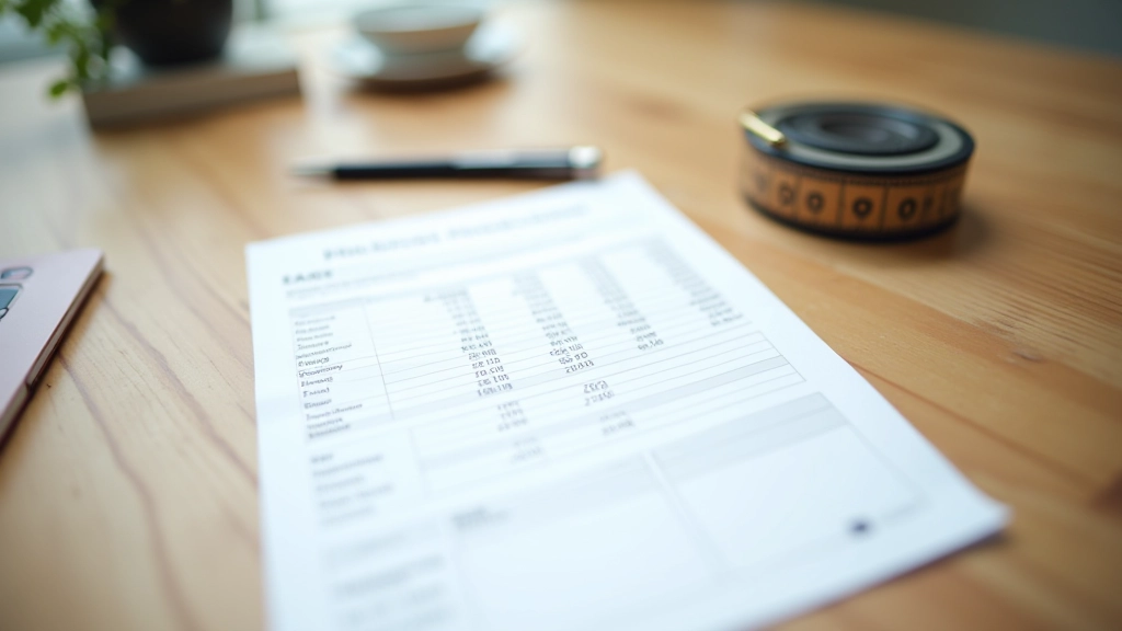 Ruban de mesure, stylo et feuille de calcul sur une table, mesure de surface pour déduction fiscale