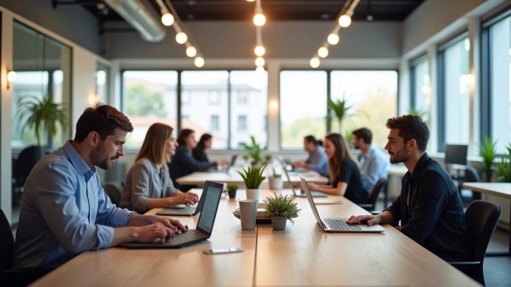 Espace de coworking moderne avec bureaux, tables de travail collaboratif et zones détente
