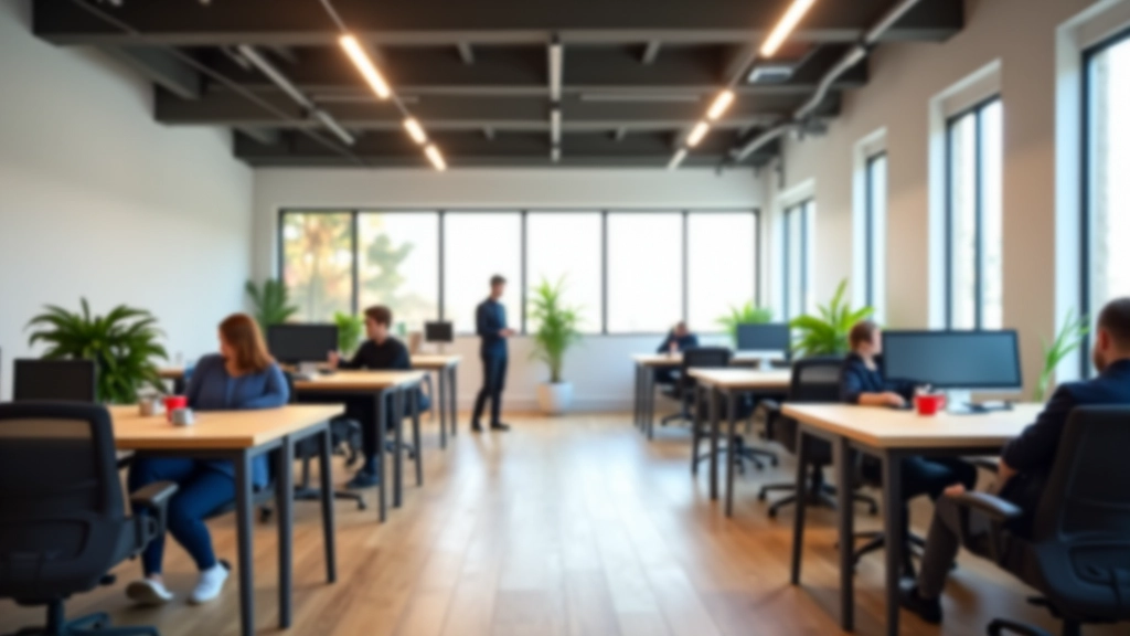 Espaces de coworking modernes avec bureaux partagés, tables de travail collaboratif et ambiance professionnelle