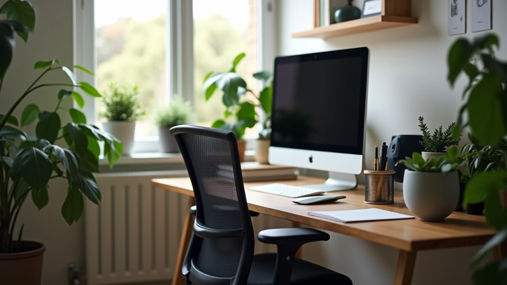 Bureau à domicile moderne avec bureau, chaise ergonomique, lampe et plantes vertes