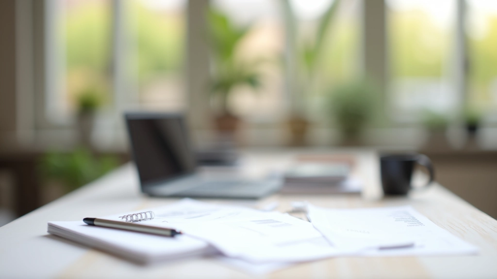 Espace de travail professionnel à domicile avec ordinateur portable et documents financiers