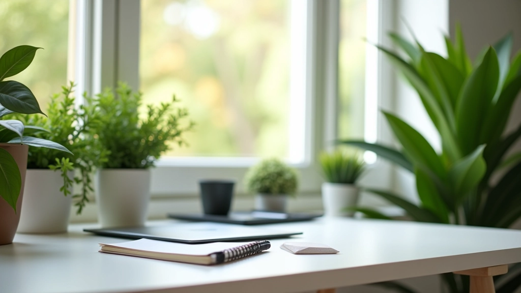 Bureau à domicile moderne avec espace de travail organisé, plantes vertes et ordinateur portable sur un bureau blanc
