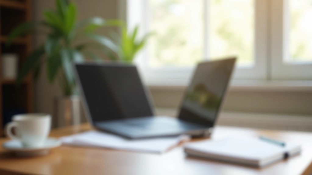 Bureau à domicile moderne avec ordinateur portable, cahier et café, fenêtre naturelle en arrière-plan