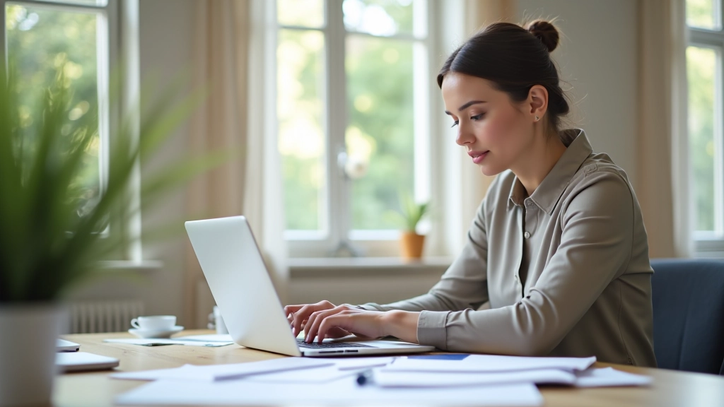 Femme freelance travaillant sur laptop avec documents fiscaux et feuilles d'impôt à côté